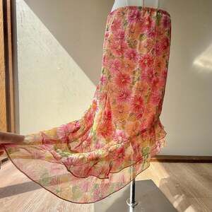 Vintage Y2K My Michelle Pink Floral Mesh Asymmetrical Ruffle Midi Skirt
